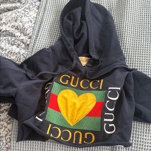 Gucci Crop Womens Navy Hoodie with Yellow Heart and Logo